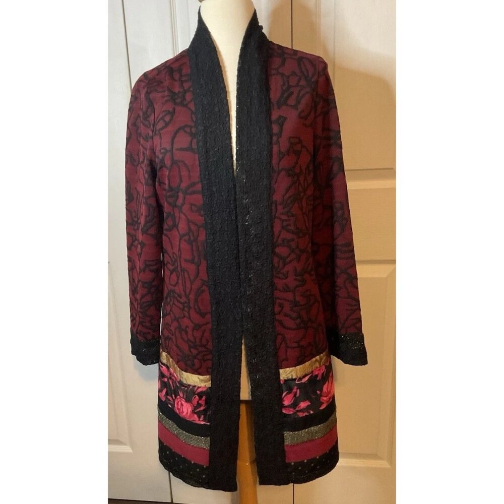 Chico’s Maroon Patchwork Embroidered Mixed Media Open Cardigan Duster Small